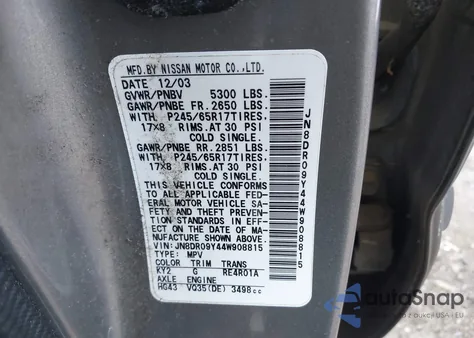 2004 Nissan Pathfinder Le Platinum from USA, damaged, VIN JN8DR09Y44W908815